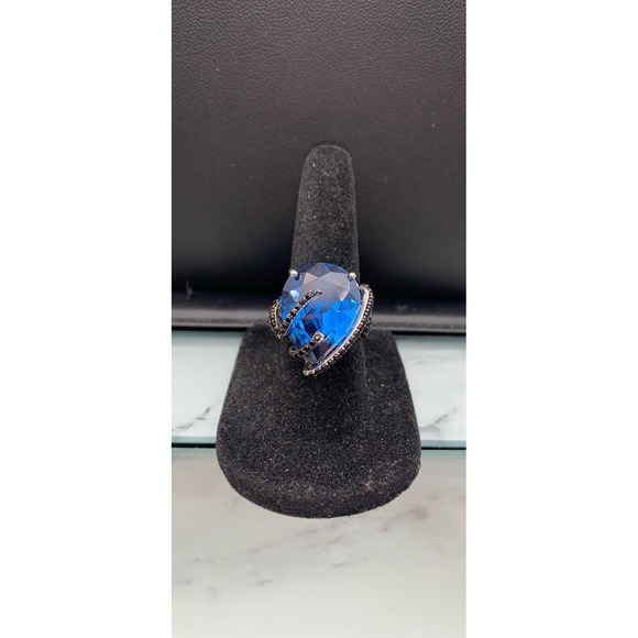 The Unbranded Brand Jewelry - Lab Blue Spinel Ring w/ Natural Black Spinel Rhodium 925 Sterling Silver Sz 5.75